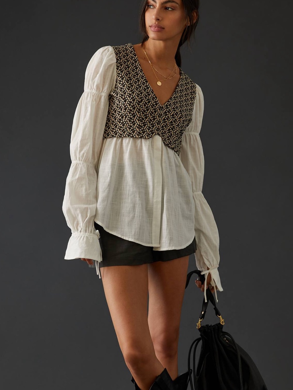 By Anthropologie Layered Jacquard Vest & Blouse, Puff Sleeve Office Streetwear